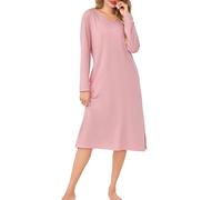 Wikoan Cotton Nighties for Women Long Sleeve Nightdress V Neck Nightshirt Soft Nightgown Long Loungwear Sleepwear with Pockets,Rose Pink XXL