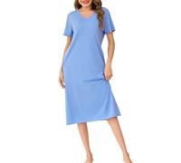 Wikoan Nighties for Women Cotton Nightdresses & Nightshirts Soft Long Nightgown Short Sleeve Loungwear Sleepwear with Pockets,Blue,XXL