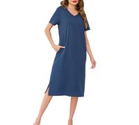 Wikoan Nighties for Women Cotton Nightdresses & Nightshirts Soft Long Nightgown Short Sleeve Loungwear Sleepwear with Pockets,Cobalt Blue,L