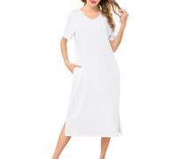 Wikoan Nighties for Women Cotton Nightdresses & Nightshirts Soft Long Nightgown Short Sleeve Loungwear Sleepwear with Pockets,White,M