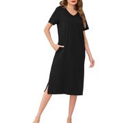 Wikoan Nighties for Women Cotton Nightdresses & Nightshirts Soft Long Nightgown Short Sleeve Loungwear Sleepwear with Pockets,Black,L