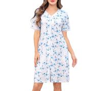 Wikoan Nighties for Women Nightdress Cotton Short Sleeve Nightshirt Button Down Soft Nightgown V-Neck Sleepwear Summer Sleepshirts with Pockets,Light Blue Flower,L