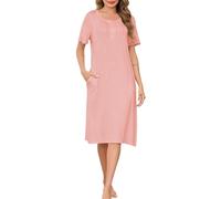 Wikoan Nighties for Women Super Soft Nightdress Crew Neck Long Nightgown Opened Button Nightshirts Sleepwear with Pockets,Pink,L
