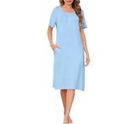 Wikoan Nighties for Women Super Soft Nightdress Crew Neck Long Nightgown Opened Button Nightshirts Sleepwear with Pockets,Light Blue,S