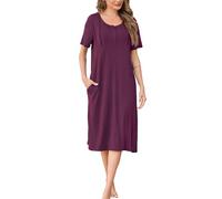 Wikoan Nighties for Women Super Soft Nightdress Crew Neck Long Nightgown Opened Button Nightshirts Sleepwear with Pockets,Burgundy,S