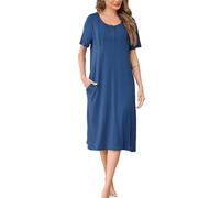 Wikoan Nighties for Women Super Soft Nightdress Crew Neck Long Nightgown Opened Button Nightshirts Sleepwear with Pockets,Cobalt Blue,M