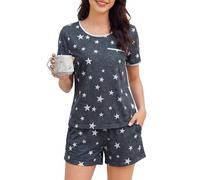 Wikoan Pyjama Set for Women, Cotton 2 Piece Pj's Sets Soft Lounge Set Short Sleeve Tops and Shorts Sleepwear with Pockets & Drawstring,Dark Gray-Stars,M