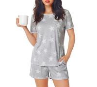 Wikoan Pyjama Set for Women, Cotton 2 Piece Pj's Sets Soft Lounge Set Short Sleeve Tops and Shorts Sleepwear with Pockets & Drawstring,Light Gray-Stars,XXL