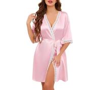 Wikoan Satin Robe Women Short Soft Lace Ladies Dressing Gown Lightweight Silk Robe Sleepwear For Bridal/Bridesmaid Wedding Party Spa,Pink,XXL