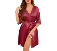 Wikoan Satin Robe Women Short Soft Lace Ladies Dressing Gown Lightweight Silk Robe Sleepwear For Bridal/Bridesmaid Wedding Party Spa,Wine Red,XXL