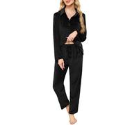 Wikoan Women Fleece Pyjamas Set Button Down Warm Soft Ladies Winter Pyjamas Long Sleeves With Pockets,Black,S