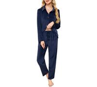 Wikoan Women Fleece Pyjamas Set Button Down Warm Soft Ladies Winter Pyjamas Long Sleeves With Pockets,Navy Blue,S