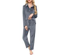 Wikoan Women Fleece Pyjamas Set Button Down Warm Soft Ladies Winter Pyjamas Long Sleeves With Pockets,Grey,S