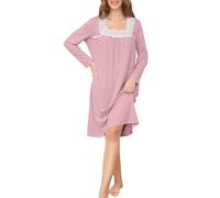 Wikoan Women Nightdress Long Sleeve Nighties for Ladies V Neck Nightshirt Soft Nightgown Long Loungwear Sleepwear,Rose Pink,M