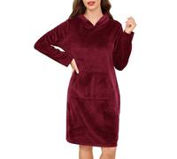Wikoan Women Nightdress Luxury Fleece V Neck With Hat Ladies Nightshirts Long Sleeves Front Pocket Nightie Plus Size Warmth For Autumn Winter Wine Red,XL