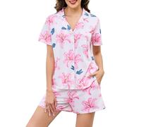 Wikoan Women Pyjamas Set Cotton Short Button Down Soft Short Sleeve Sleepwear Womens Summer Nightwear Loungewear,White-Lily,XL