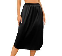 Wikoan Women's Half Slips Slit Lace Long Underskirts for Dresses Soft Satin Petticoat Waist Slips,Black,L