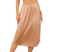 Wikoan Women's Half Slips Slit Lace Long Underskirts for Dresses Soft Satin Petticoat Waist Slips,Dark Champagne,M