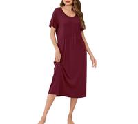 Wikoan Women's Long Nightdress Short Sleeve Baggy Nightdies Plus Size Nightshirt Pleated Chest Nightgown Casual Sleepwear with Pockets,Wine Red,XL