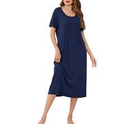 Wikoan Women's Long Nightdress Short Sleeve Baggy Nightdies Plus Size Nightshirt Pleated Chest Nightgown Casual Sleepwear with Pockets,Navy Blue,M