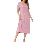 Wikoan Women's Long Nightdress Short Sleeve Baggy Nightdies Plus Size Nightshirt Pleated Chest Nightgown Casual Sleepwear with Pockets,Rose Pink,M