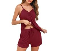 Wikoan Women's Pyjama Sets, Soft Short Pjs Set Sexy V-neck Cami Top and Shorts Sleepwear with Straps & Pockets B-Wine Red,L
