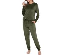 Wikoan Women's Pyjamas Set Fleece Soft Ladies Pj's Set Long Sleeve Top and Pants with Pockets for Winter Loungewear Sleepwear Army Green,XL