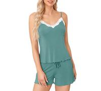 Wikoan Womens Pyjamas Set Lace Camisole and Shorts Soft V-Neck Pj Sets Sleepwear Nightwear with Pockets Drawstring S,Dark Green