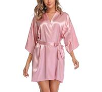 Wikoan Women's Satin Dressing Gown, Soft Silk Robe Lightweight Sleepwear for Bridal, Wedding Party Robes with Oblique V-Neck,L,Dusky Rose