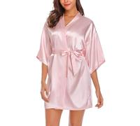 Wikoan Women's Satin Dressing Gown, Soft Silk Robe Lightweight Sleepwear for Bridal, Wedding Party Robes with Oblique V-Neck,L,Pink