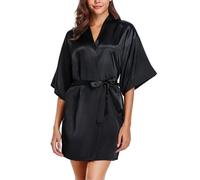 Wikoan Women's Satin Dressing Gown, Soft Silk Robe Lightweight Sleepwear for Bridal,Wedding Party Robes with Oblique V-Neck,S,Black