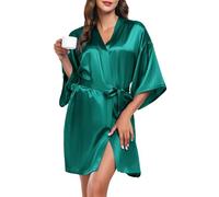 Wikoan Women's Satin Dressing Gown, Soft Silk Robe Lightweight Sleepwear for Bridal, Wedding Party Robes with Oblique V-Neck,XXL,Green