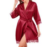 Wikoan Women's Satin Robes Lace Silk Kimono Robes Dressing Gowns Short Soft Lightweight For Home Wedding Party,Wine Red,M