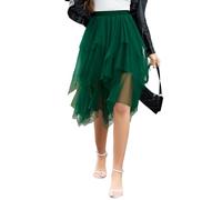 Wikoan Women's Tulle Skirt Multilayer Mesh Pleated Ladies Skirts Stylish Midi Skirts Irregular A-line Prom Party Skirt Dark Green,XXL