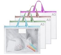 wiksite 4 Pack A3 EVA Mesh Art Folder Waterproof A3 Portfolio Case Transparent Plastic Storage Bags with Zip Painting Folder with Card Holder for Artwork, Drawings, Documents for Home & School