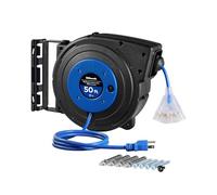 WILAWELS - Retractable Extension Cord Reel, 50 Feet Heavy Duty Power Cord, 14AWG/3C SJTOW, 3 Lighted Outlets with Triple Key, 13 Amp Circuit Breaker, UL Listed,