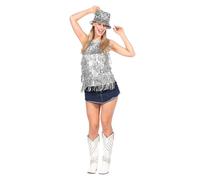 WILBERS & WILBERS 6449 Women's Metallic Party Top with Sequin Fringe, Stretch Fabric, Shiny Top for Disco, Festival
