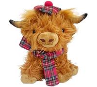 Wilbur Highland Cow 10 inch Brown Plushie Stuffed Animal Cow Soft Toy with Scottish Tartan Plaid Hat and Scarf