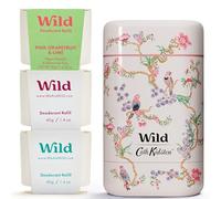 Wild Aluminium Free Refillable Natural Deodorant Starter Kit - Cath Kidston Birds Case with Pink Grapefruit & Lime, Coconut & Vanilla, Fresh Cotton & Sea Salt Refills - 24 Hour Odour Protection