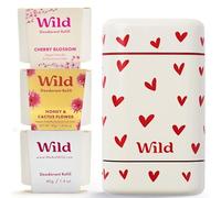 Wild Aluminium Free Refillable Natural Deodorant Starter Kit - Love Heart Case with Cherry Blossom, Honey & Cactus Flower, Coconut & Vanilla Refills - Long Lasting 24 Hour Odour Protection - Vegan