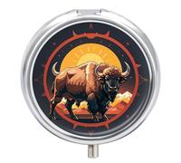 Wild American Bison Mountains Pill Box Round Portable Small Pill Case Waterproof Travel Pill Box Organizer for Pocket Purse and Daily Convenience