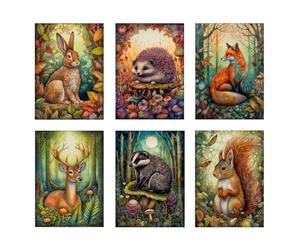 Wild And Arty Forest Animals Art Prints - Size A4 - Set of 6 Unframed