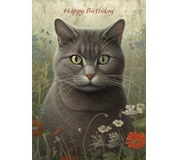 Wild And Arty Red Flower Cat Birthday Card - Large A5