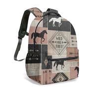Wild and Free Black White Horse Print Backpack 16 Inch Boho Tribal Geometric Woodgrain Arrow Pattern Artistic Travel Rucksack (01)