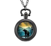 Wild Animal Bear Vintage Pocket Watch Alloy Pendant Watches Necklace Gift for Men Women Black-Style