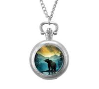 Wild Animal Bear Vintage Pocket Watch Alloy Pendant Watches Necklace Gift for Men Women Silver-Style