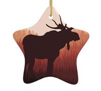 Wild Animal Deer Christmas Ceramic Star Ornament with Hanging Cord, Double-Sided Print Hanging Decoration for Home & Tree