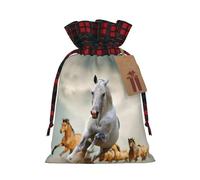 Wild Animal Horses Pattern Christmas Drawstring Linen Gift Bag Paired With Scottish Plaid Fabric, With A Delicate And Simple Texture