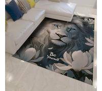 Wild Animal Rugs 160 x 230 cm Majestic Lion and White Magnolia Pattern Carpet Portable Foldable Thin Floor Mat for Living Room Decor Washable