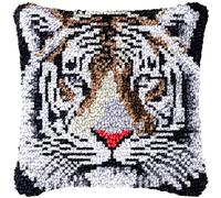 Wild Animal Tiger Latch Hook Kits Pillow with Printed Canvas Handmade Cushion Crochet Yarn Embroidery DIY Hook and Latch Kit Pillowcase Christmas Decoration 43x43cm(2)